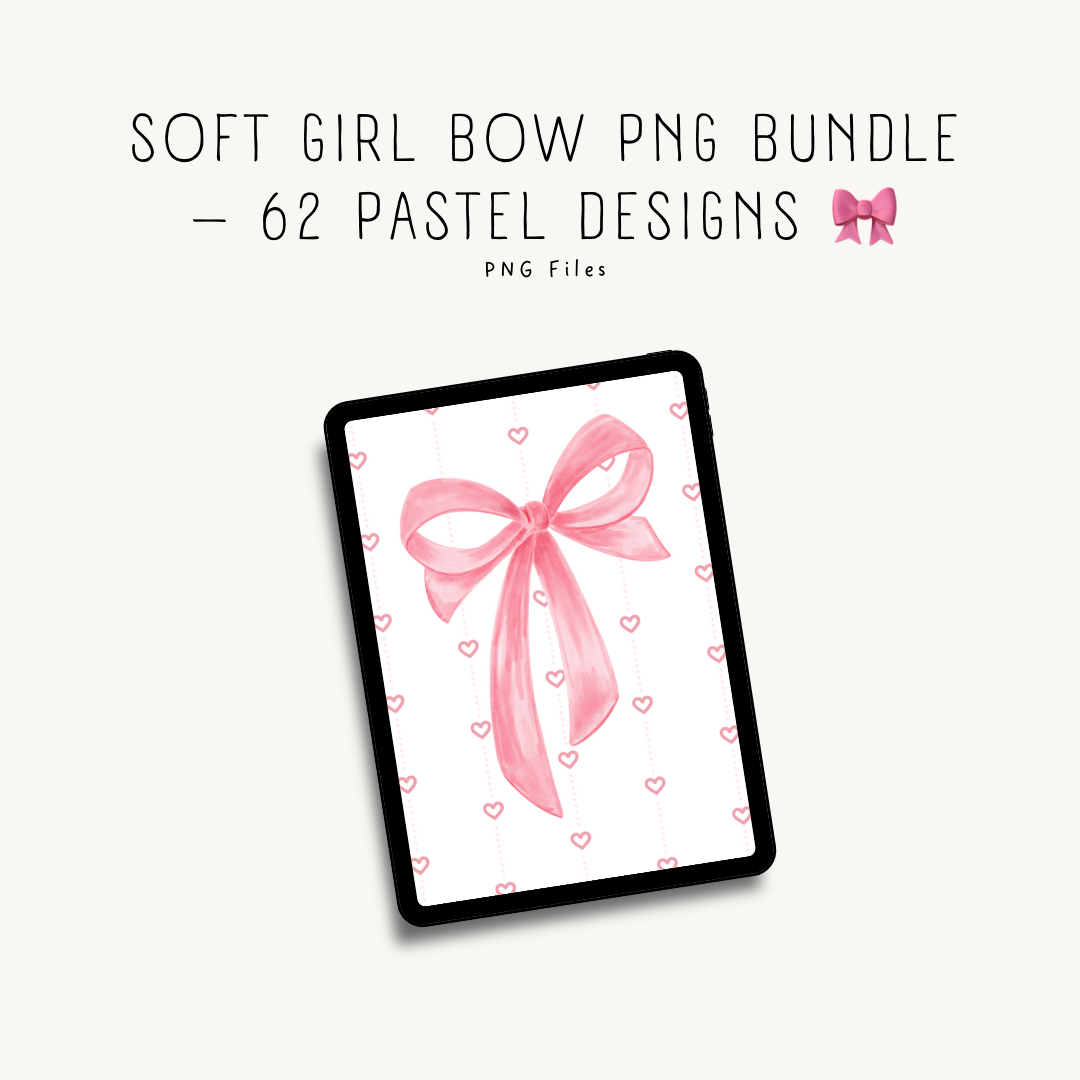 Soft girl bow digital product bundle — pink bow PNGs and seamless patterns for print-on-demand, scrapbooking, and crafting projects