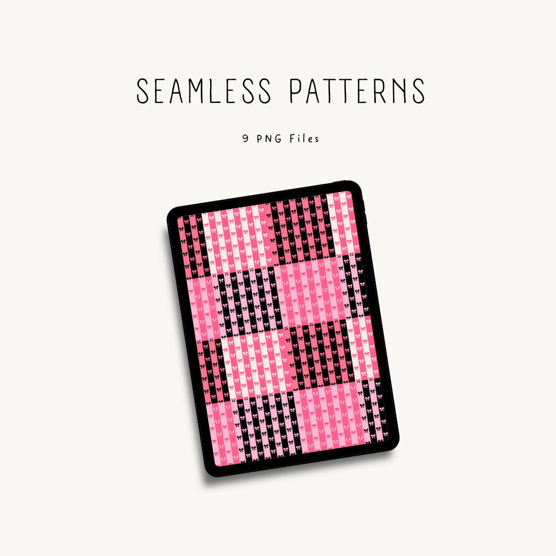 Pink and black seamless pattern displayed on iPad — 9 high-quality PNG files for print-on-demand, digital scrapbooking, and DIY crafting projects