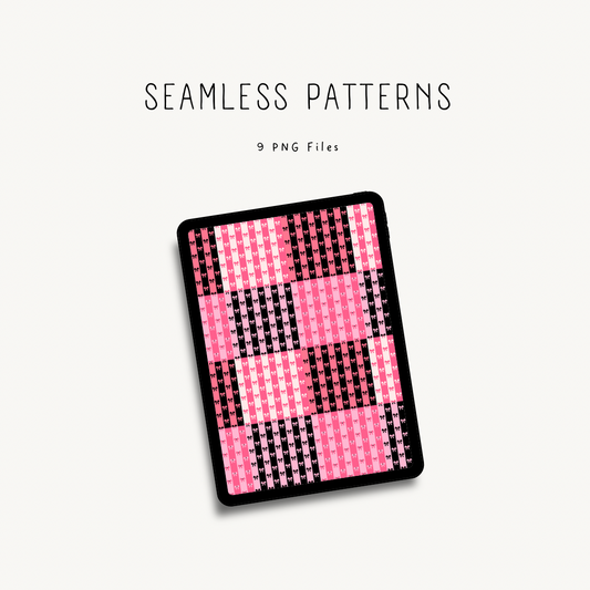 Pink and black seamless pattern displayed on iPad — 9 high-quality PNG files for print-on-demand, digital scrapbooking, and DIY crafting projects
