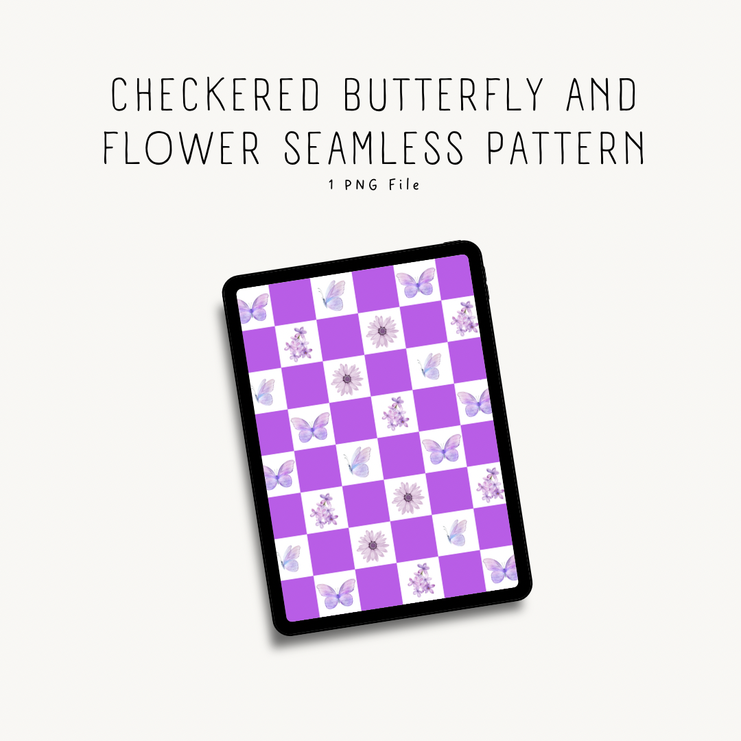Seamless purple checkered butterfly and flower pattern — repeating design for print-on-demand, scrapbooking and fabric printing