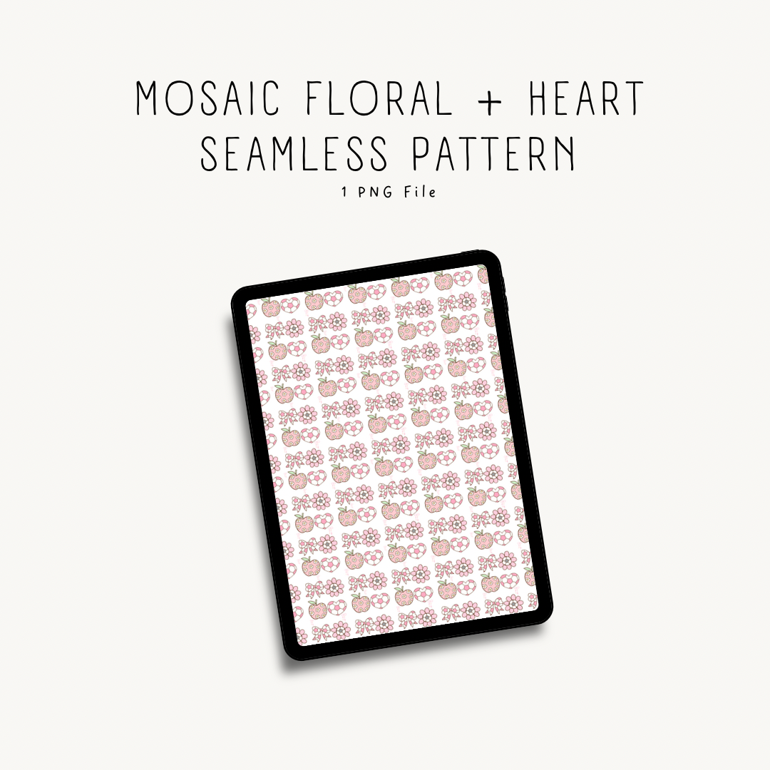 Seamless mosaic floral and heart pattern — repeating pastel design for print-on-demand, fabric, and crafting projects