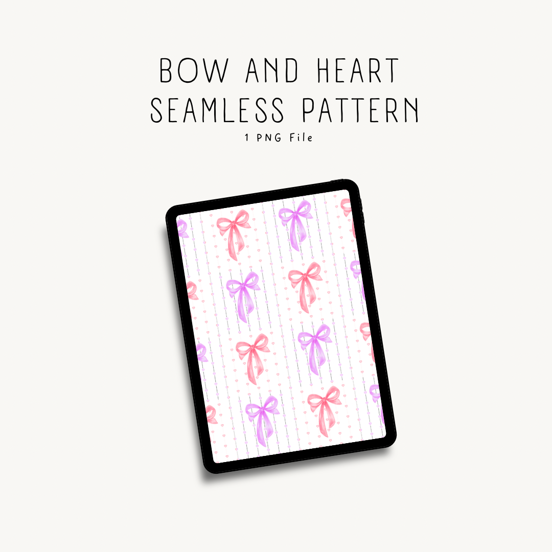 Seamless bow and heart pattern — repeating design for print-on-demand, digital scrapbooking, and crafting projects