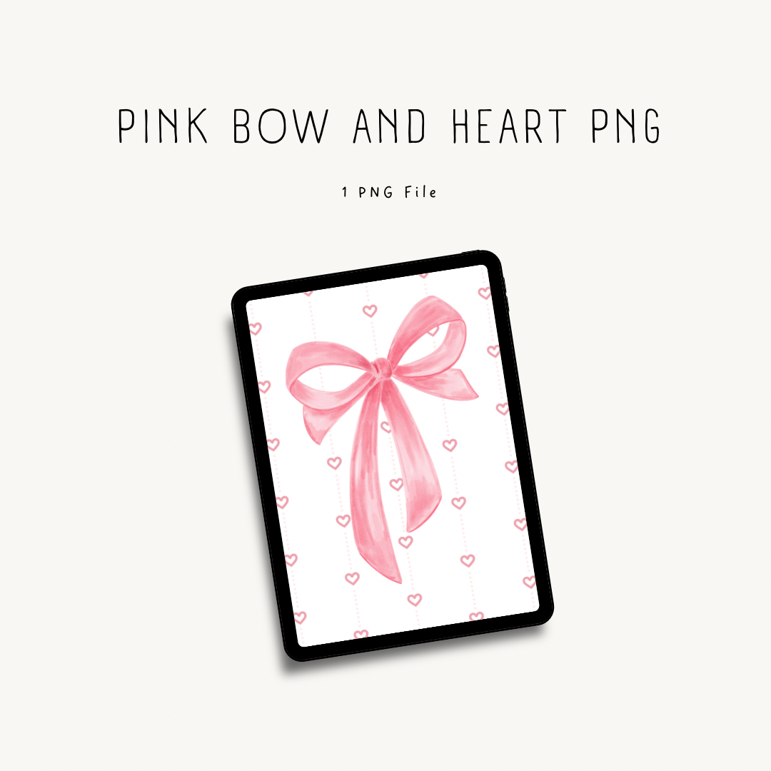 Pink bow and heart PNG — cute clipart for print-on-demand products, scrapbooking, and DIY crafting projects