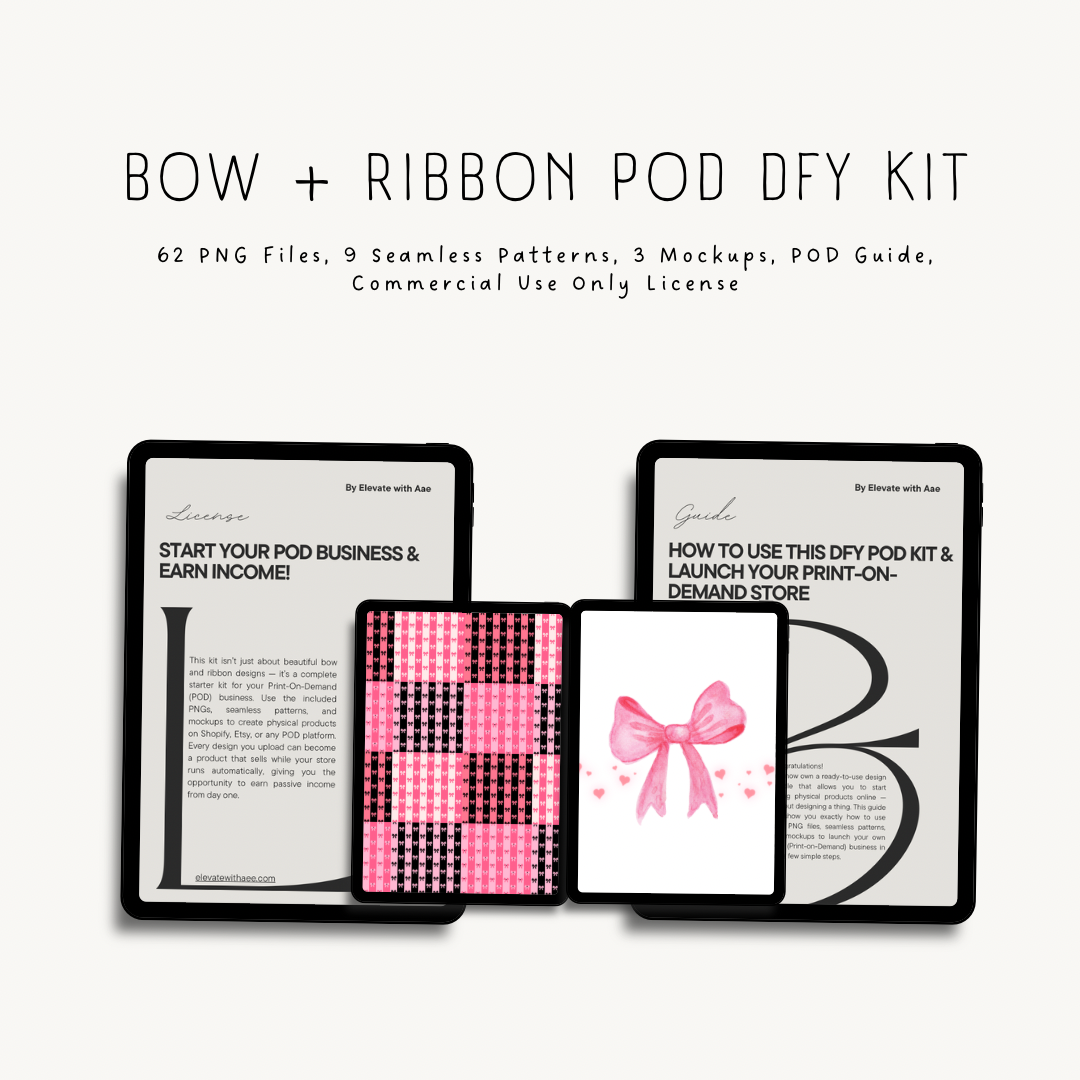 Bow and ribbon POD DIY kit — digital files including PNGs, seamless patterns, and mockups for print-on-demand business launch
