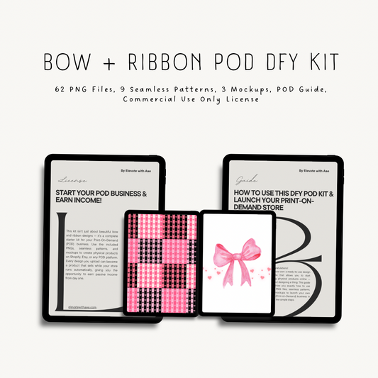 Bow and ribbon POD DIY kit — digital files including PNGs, seamless patterns, and mockups for print-on-demand business launch