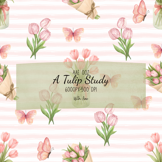 Pattern of pink tulips and butterflies on a striped background with text overlay. (Pattern Aae 002)