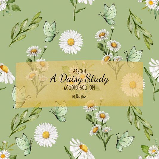 Floral design with daisies and butterflies on a green background, featuring the text 'A Daisy Study' and 'AAE001'.